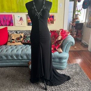 1990s Y2k Cache black matte jersey bejeweled halter mermaid cocktail prom dress.